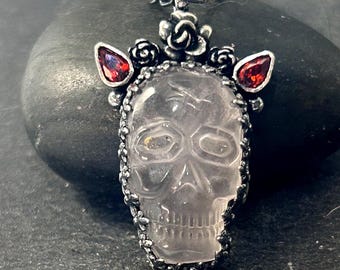 Angry Love Skull | Rose Quartz Skull Pendant | Natural Garnet | Handmade Sterling Silver Necklace