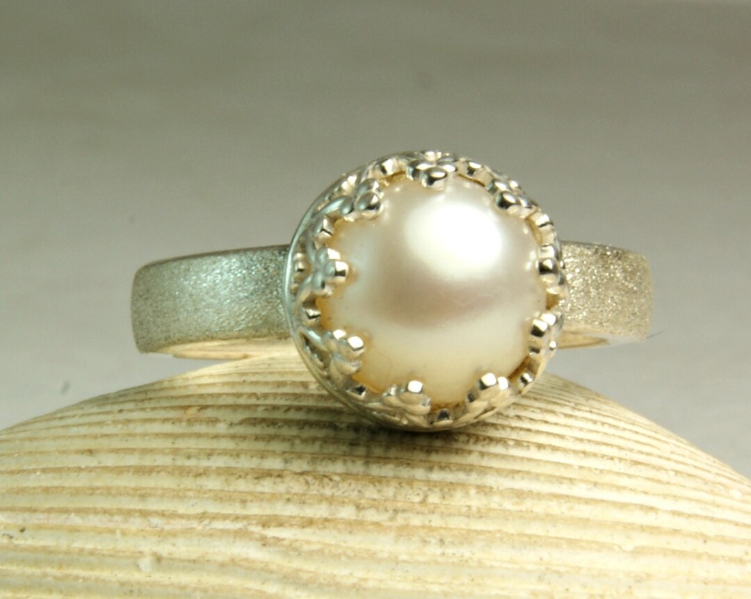 Sterling Silver Pearl Ring Everyday Jewelry Fancy Crown Setting ...