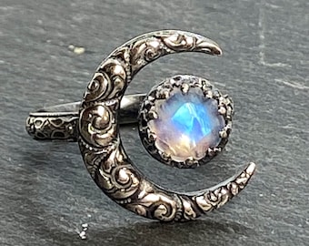Crescent Moon Moonstone Ring Celestial Jewelry