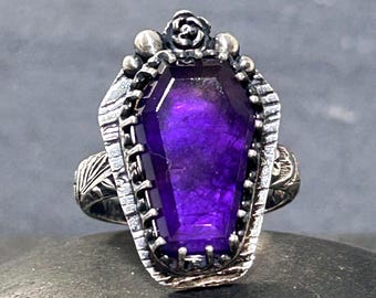 Amethyst Coffin Ring in Sterling Silver Halloween Jewelry