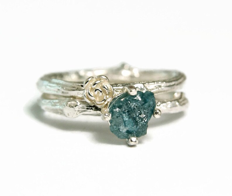 Uncut Blue Diamond Engagement Ring April Birthstone Rough Diamond Twig Ring Bridal Set 