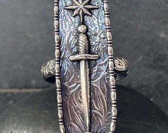 Memento Mori Dagger Ring, Handmade Sterling Silver, Garnet Blood Drop