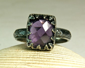 Cushion Cut Amethyst Ring, Sterling Silver Ring, Birthstone Jewelry, Princess Ring, Vintage Style Jewelry