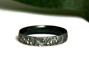 Sterling Silver Stacking Band Fancy Filigree Band Wedding Band Oxidized Silver Ring Vintage Style