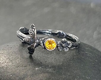 Sterling Silver Bee Citrine Twig Ring