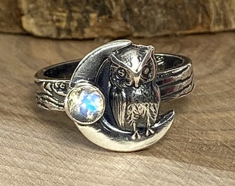 Crescent Moon Owl Sterling Silver Stackable Ring