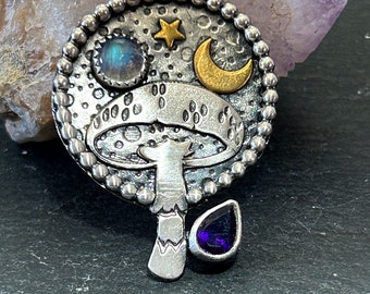 Mushroom Necklace in Sterling Silver Moonstone Amethyst Jewelry