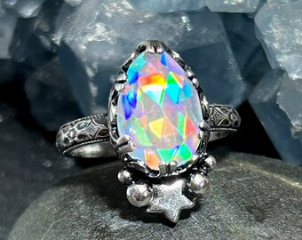 Rainbow Quartz Starlight Ring in Sterling Silver Unique Celestial