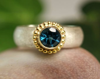 London Blue Topaz Gemstone Ring Two Tone Jewelry Wide Band Ring December Birthstone Ring custom size