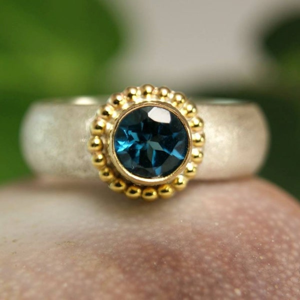 London Blue Topaz Gemstone Ring Two Tone Jewelry Wide Band Ring December Birthstone Ring custom size