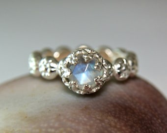 Sterling Silver Moonstone Ring Faceted Gemstone Blue Flash  Engagement Ring Floral Band custom sized