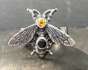Handmade Sterling Silver Bumblebee Ring – Honeycomb Band with Citrine & Black Spinel – Stackable Nature Jewelry