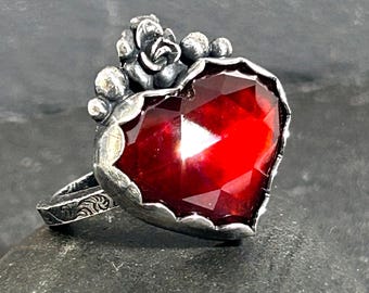 Heart Shaped Rose Cut Garnet Ring – Gothic Sterling Silver Ring with Rose Detail – Antiqued Romantic Statement Ring