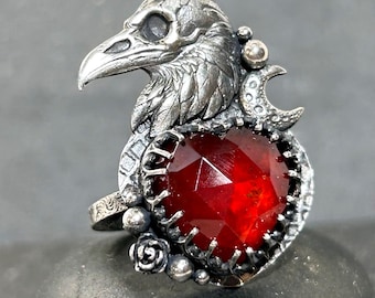 Handmade Raven Skull Ring,  Sterling Silver with Natural Red Garnet