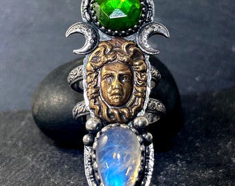 Medusa Goddess Ring, Blue Moonstone and Chrome Diopside