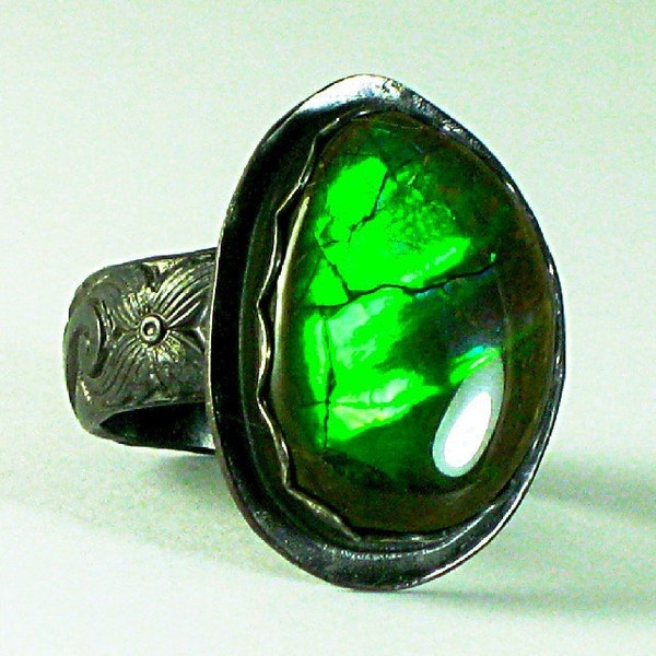 Reserved for Cathrin Gemstone Ring Sterling Silver Green Ammolite Fossil-size 7 1/2  Aurora Lights