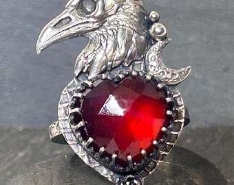 Raven Skull Ring Sterling Silver Red Garnet Statement Ring Handmade Gothic Crow Skull  Size 7