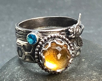 Bumble Bee Citrine Stackable Ring Set in Sterling Silver