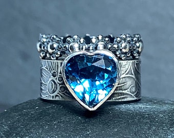 London Blue Topaz Heart Shape Ring in Sterling Silver Wedding Set