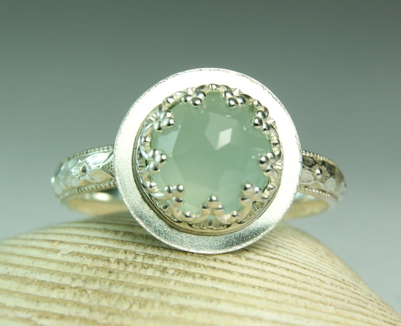 Aqua Chalcedony Ring Sterling Rose Cut Round Gemstone Cocktail Ring Thin Floral Band Silver Solitaire Ring