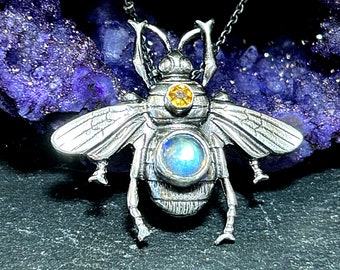 Moonstone Bumble Bee Necklace in Sterling Silver