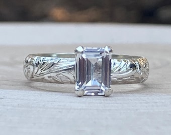 Sapphire Wedding Ring in Sterling Silver Emerald Cut Gemstone Ring