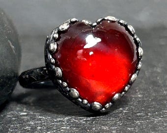Heart Shaped Garnet Ring, Solid Sterling Silver Handmade Statement Ring