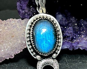 Crescent Moon Labradorite Necklace Sterling Silver