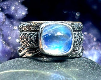 Cushion Cut Blue Moonstone Ring Set in Solid Sterling Silver