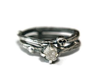 Wedding Rings Set Alternative Wedding Rings Bridal Set Till Death Do Us Part Rough Diamond & Skull Rings Gothic Ring Jewelry for Women