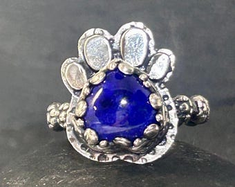 Blue Lapis Paw Print Ring • Handmade Sterling Silver