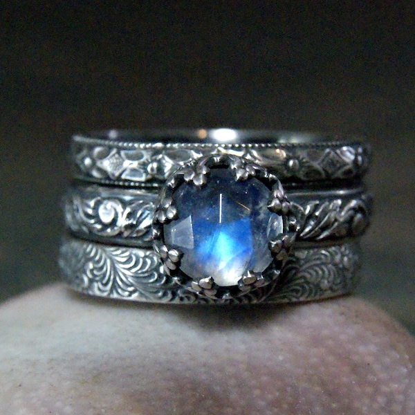 Rainbow Moonstone Stacking Rings Unique Promise Ring in Sterling Silver