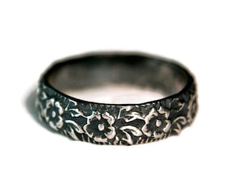 Vintage Style Silver Band Oxidized Sterling Silver Floral Band Handmade Solid 925 Jewelry Wedding Band