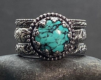 Natural Spiderweb Turquoise Stackable Rings in Sterling Silver