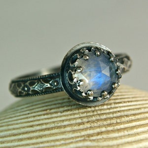 Faceted Blue Moonstone Oxidized Sterling Silver Ring Rainbow Moonstone Jewelry Renaissance Ring