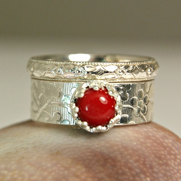 Dainty Red Coral Stacking Rings, Sterling Silver Two Ring Set, Wide Floral Band, Valentines Day Jewelry