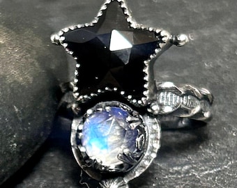 Celestial Star Ring, Black Onyx and Moonstone in Solid Sterling Silver