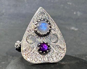 Gothic Planchette Ring in Sterling Silver, Natural Blue Moonstone and Purple Abalone Shell