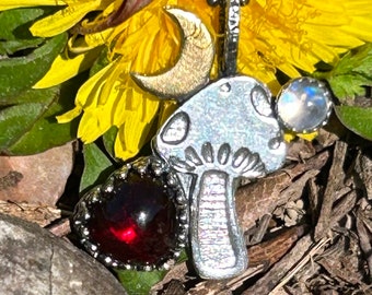 I Love Mushrooms Necklace Red Garnet and Blue Moonstone Jewelry