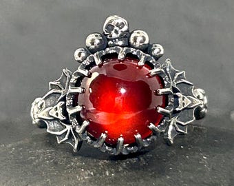 Romantic Gothic Hessonite Garnet Ring – Handmade Sterling Silver Bat & Skull Ring – 10mm Natural Garnet – Dark Fantasy Jewelry – Made to Ord