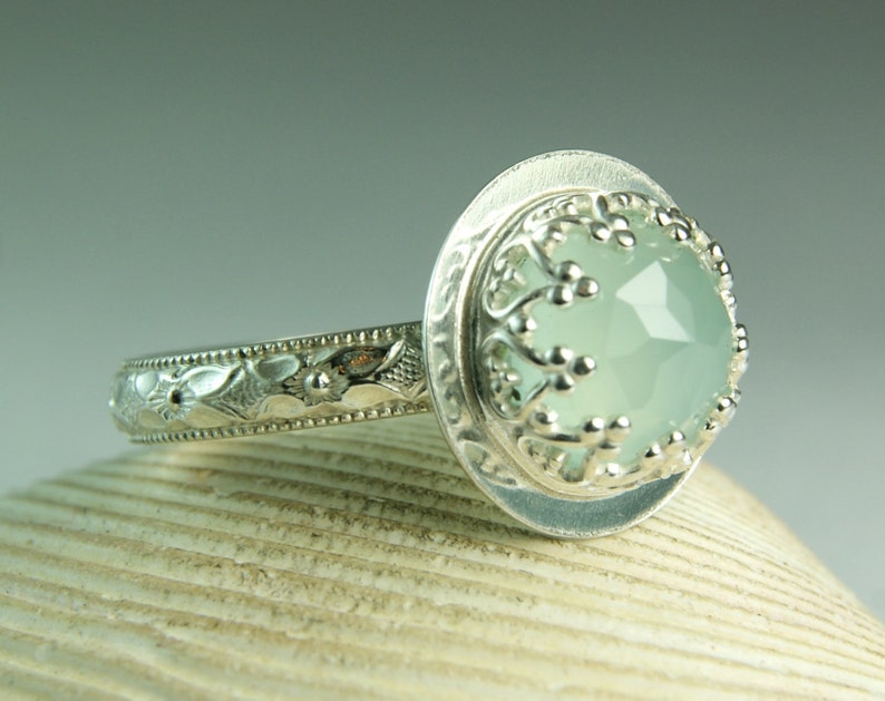 Aqua Chalcedony Ring Sterling Rose Cut Round Gemstone Cocktail Ring Thin Floral Band Silver Solitaire Ring