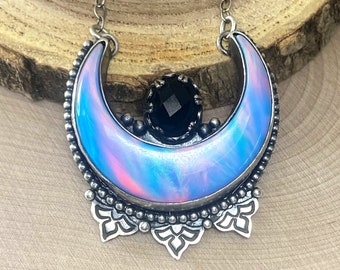 Aurora Opal Crescent Moon Necklace with Black Onyx Hippie Pendant