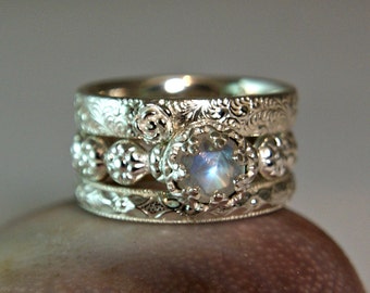 Rainbow Moonstone Wedding Set Sterling Silver Moonstone Stacking Rings Promise Ring Fancy Bezel Setting