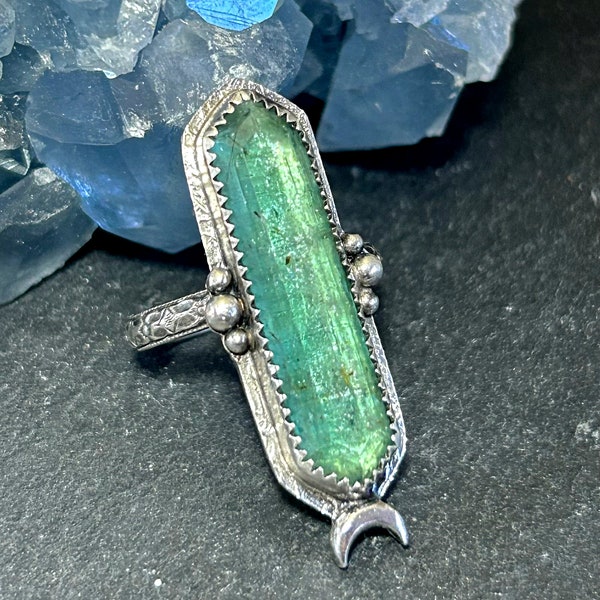 Green Kynaite Crystal Ring in Sterling Silver Hippie Jewelry