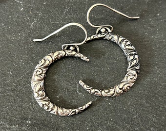 Crescent Moon Earrings in Sterling Silver Vintage Style Jewelry