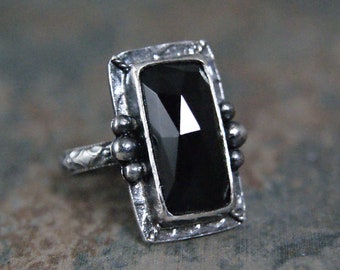 Rose Cut Rectangle Black Onyx Statement Ring Vintage Inspired Gothic Style Jewelry for Women