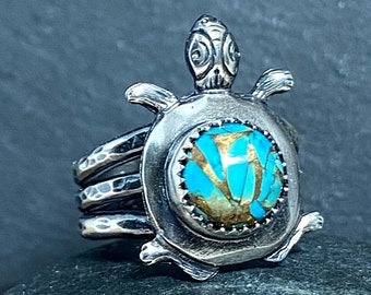 Turquoise Turtle Ring in Sterling Silver Statement Jewelry