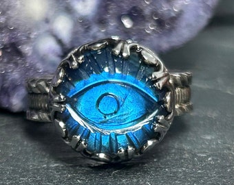Blue Labradorite Evil Eye Ring in Sterling Silver Celestial Cocktail Ring