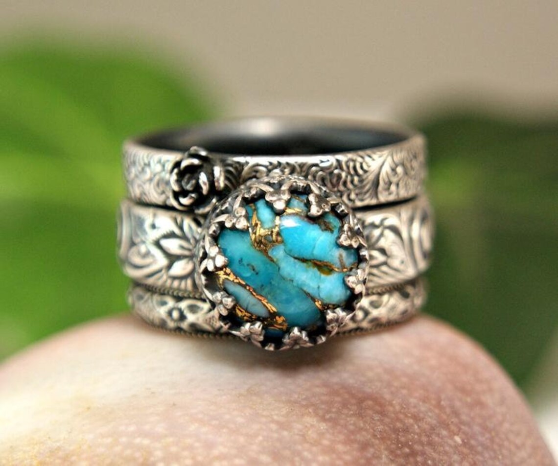 Turquoise Stacking Rings Set Vintage Style Copper Turquoise | Etsy