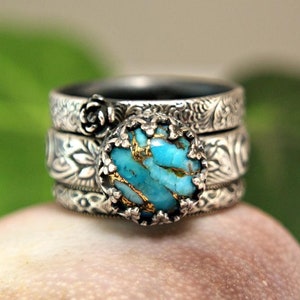 Turquoise stapelringen set vintage stijl koper turquoise antieke zilveren ring